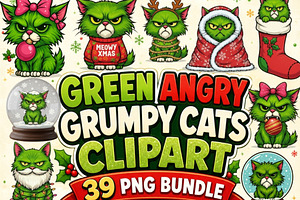 Green Angry Grumpy Christmas Cats, an Animal Illustration by Tanya Kart