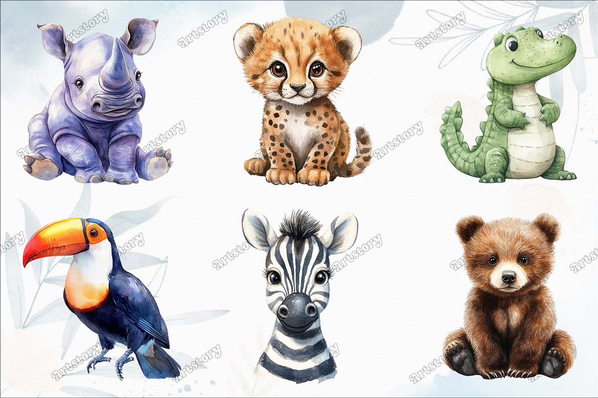 Cute Jungle Animals Watercolor Clipa, an Illustration by designcity5 (Photo 2 of 5)