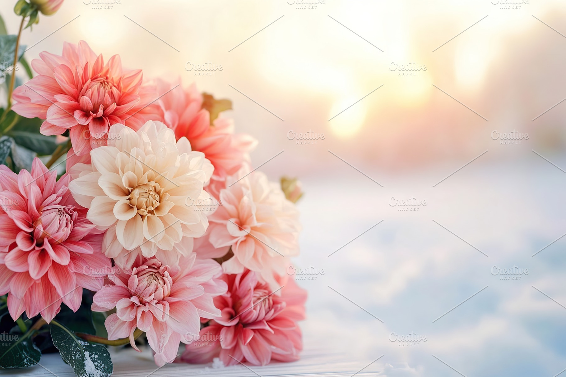 Vibrant pink, orange, and white dahlia blooms in a soft sunlight background, a Nature Photo by AlyaAnd