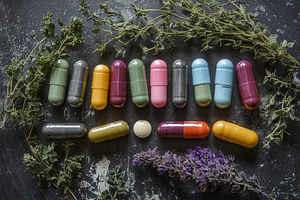 Vibrant capsules and tablets scatter, a Photo by Pavel_design