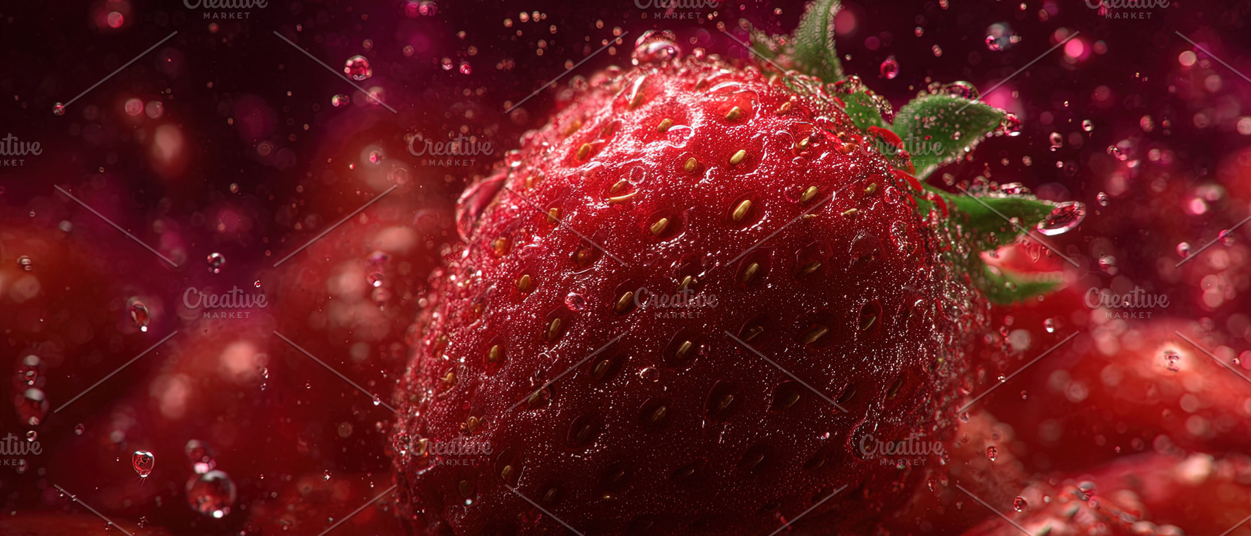 Close-up of a ripe strawberry with water droplets, vibrant color, an Abstract Photo by Ales Munt