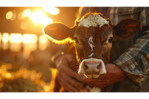 Farmer embracing a young brown calf, an Animal Photo by Igor Tichonow