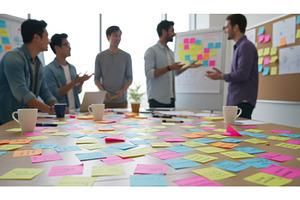 Five men conduct an informal, a Business Photo by Igor Tichonow