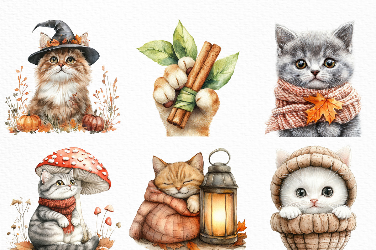Watercolor Autumn Cat Clipart Bundle, an Illustration by Craft Nest (Photo 5 of 6)