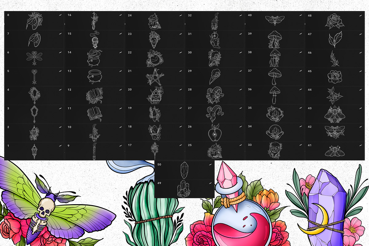 50 Witchy Tattoo Procreate Stamps, a Brush Add-On by SecondOfJuly (Photo 6 of 6)