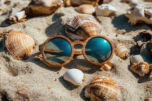 Sandy beach scene with seashells, a Photo by Pavel_design