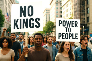 Protesters in a street march holding, a Photo by Dvoevnore photos