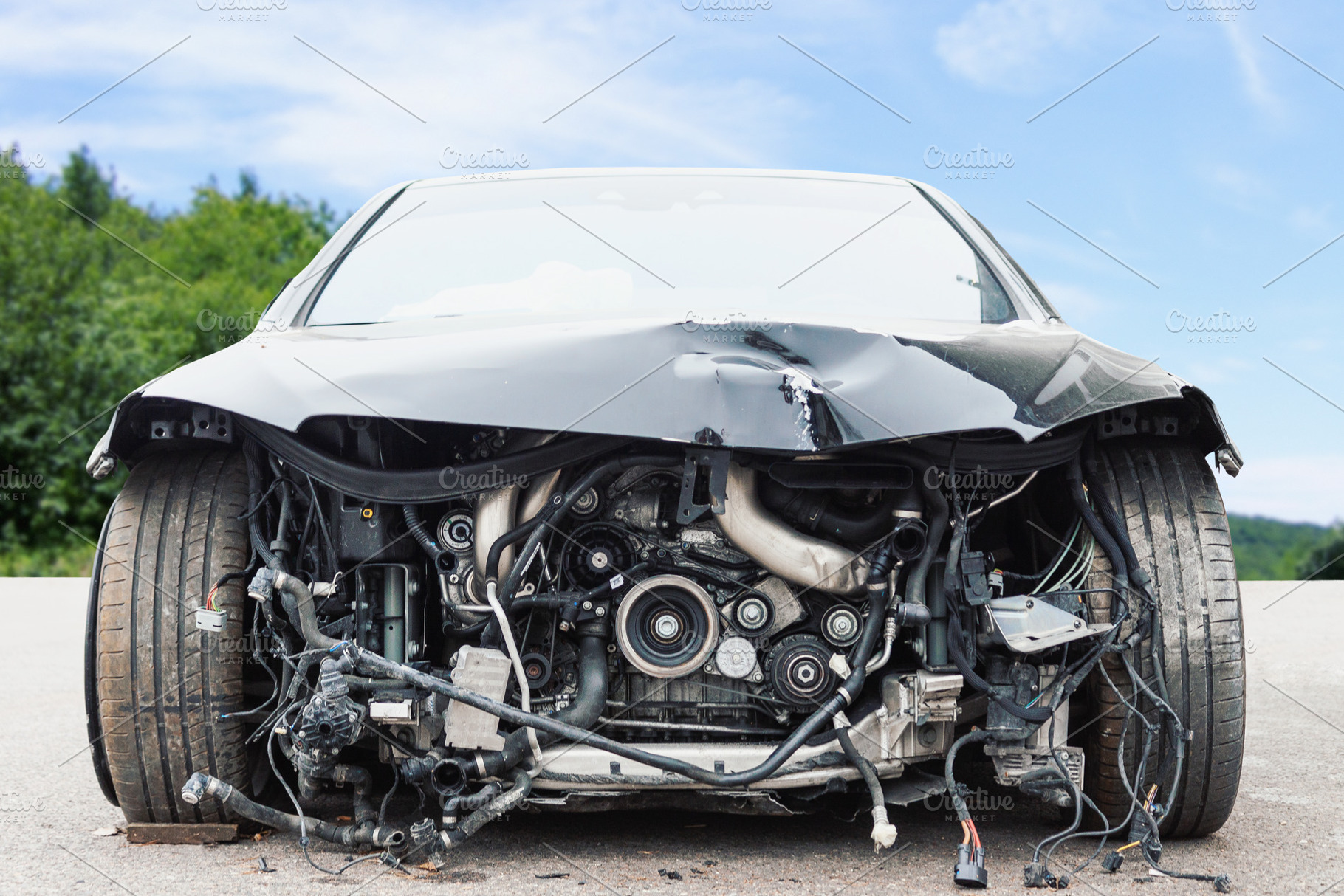 Front view of crashed car, a Transportation Photo by BOOCYS