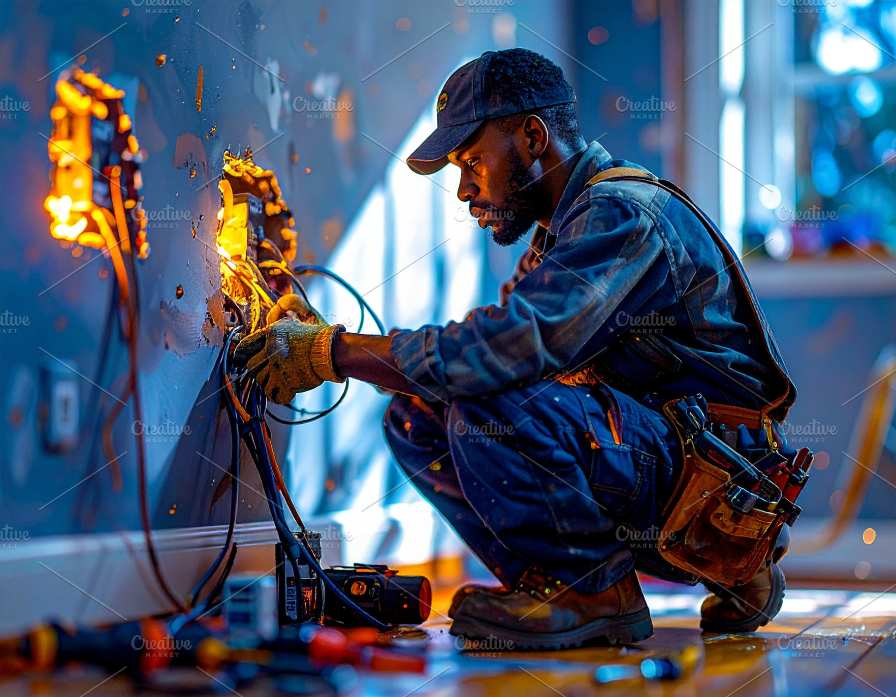 Young electrician installing electrical wiring and wall outlets, a Photo by DanFLCreativo