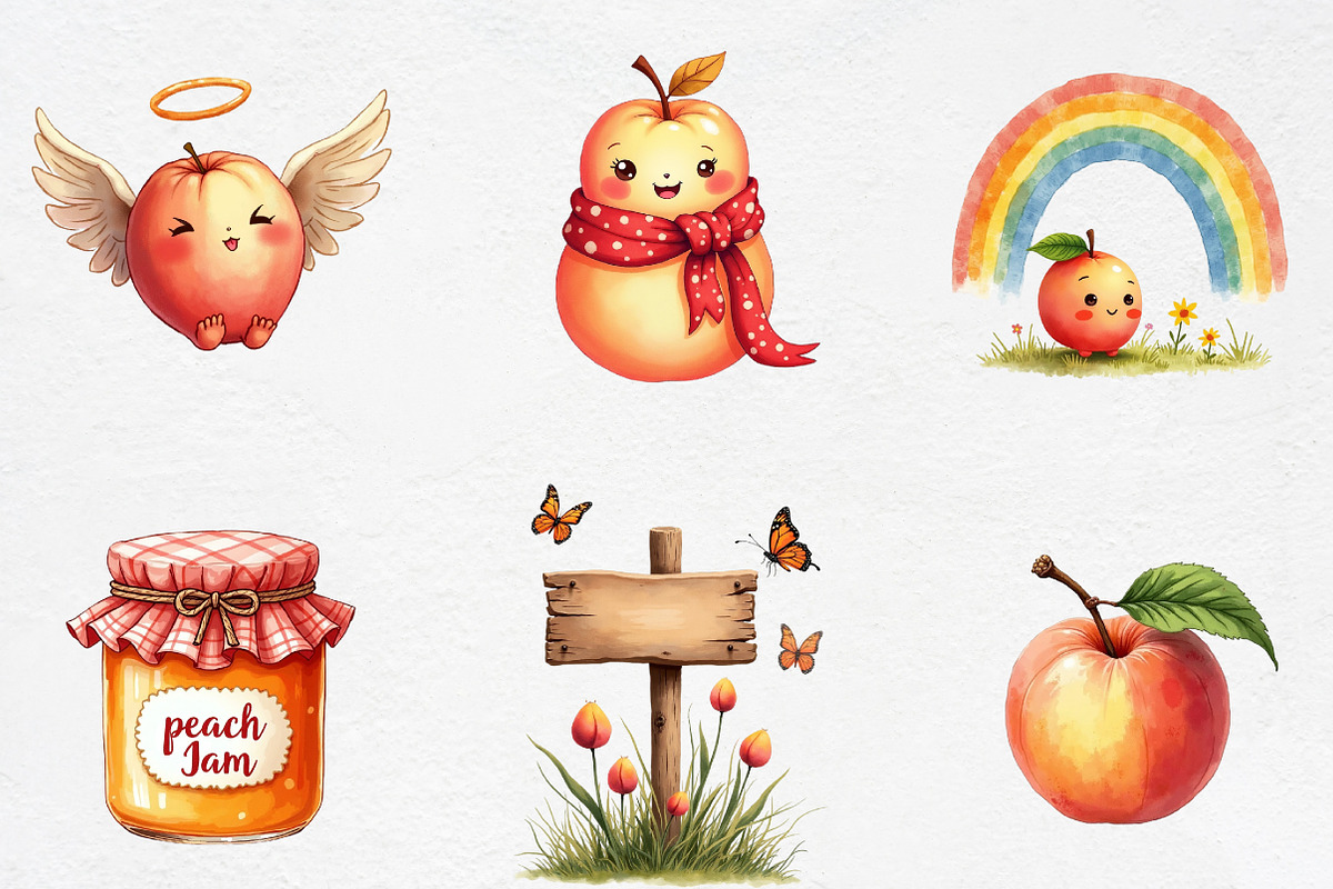 Watercolor Cute Peaches Garden Fruit, an Illustration by CrexoraLab (Photo 4 of 5)