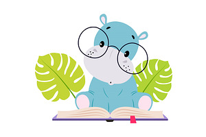 Cute baby hippo reading book. Funny, an Animal Illustration by TopVectors