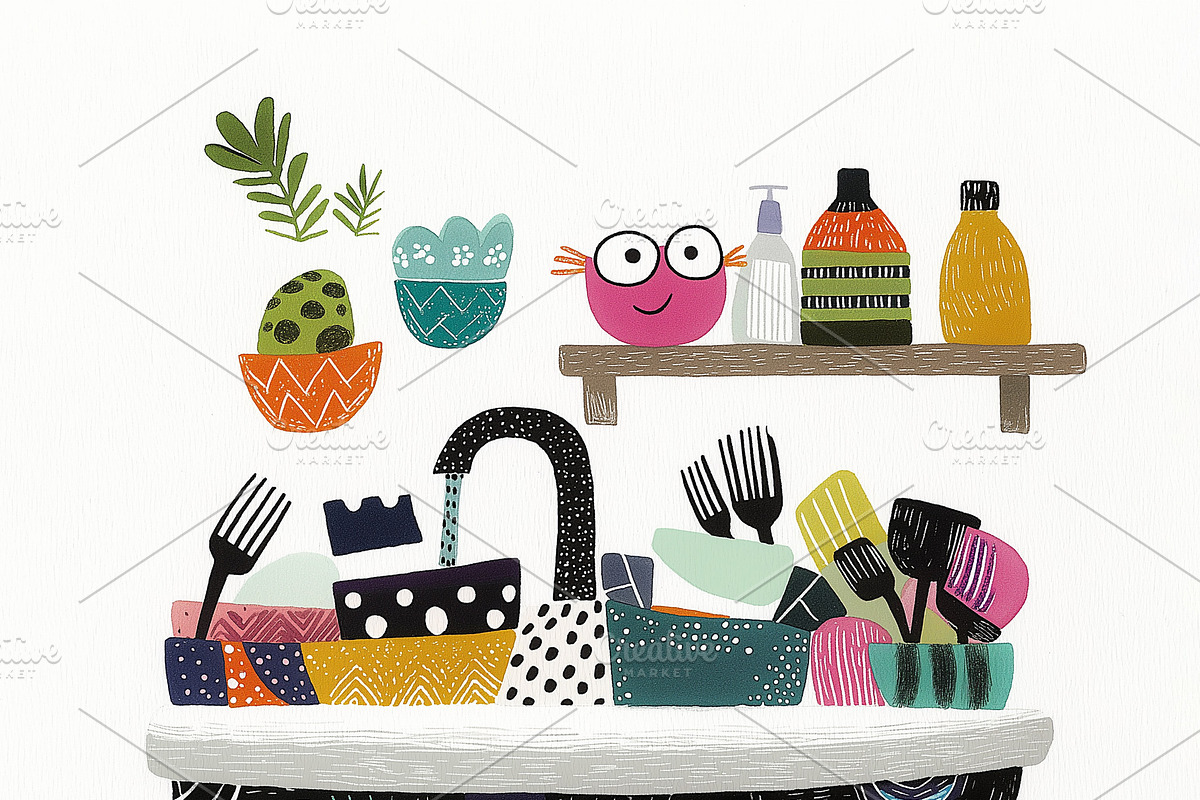 A cluttered kitchen sink overflowing, an Object Illustration by Sybillla