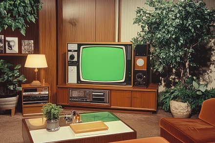 Vintage living room with green telev, a Photo by Iftikhar Alam