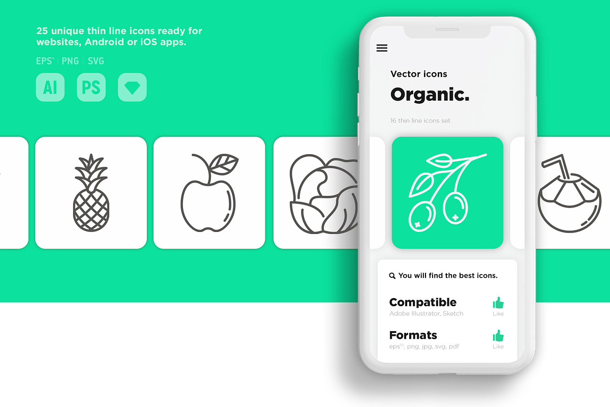 Organic | 25 Thin Line Icons, an Outline Icon by Alex Blogoodf (Photo 10 of 15)