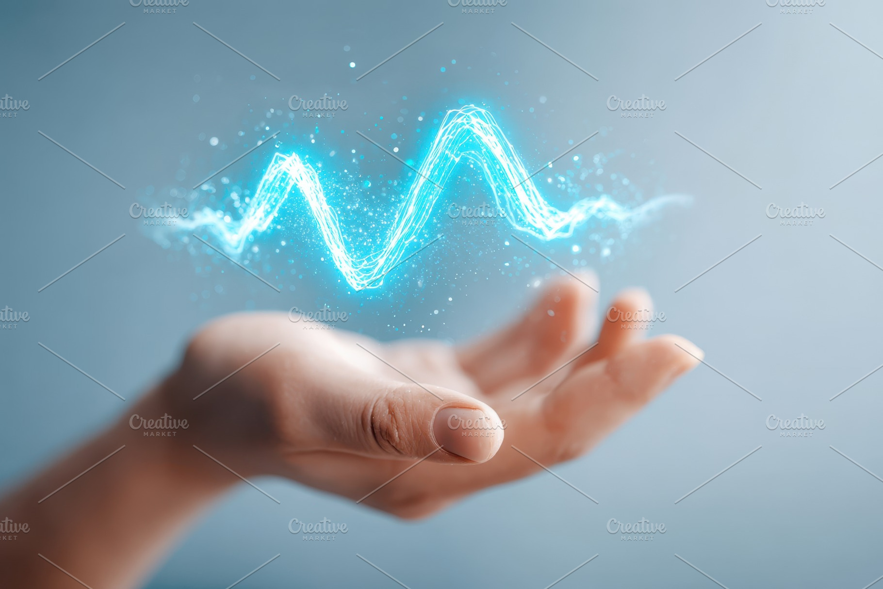 Open hand with glowing blue sound wave, an Abstract Photo by AlyaAnd