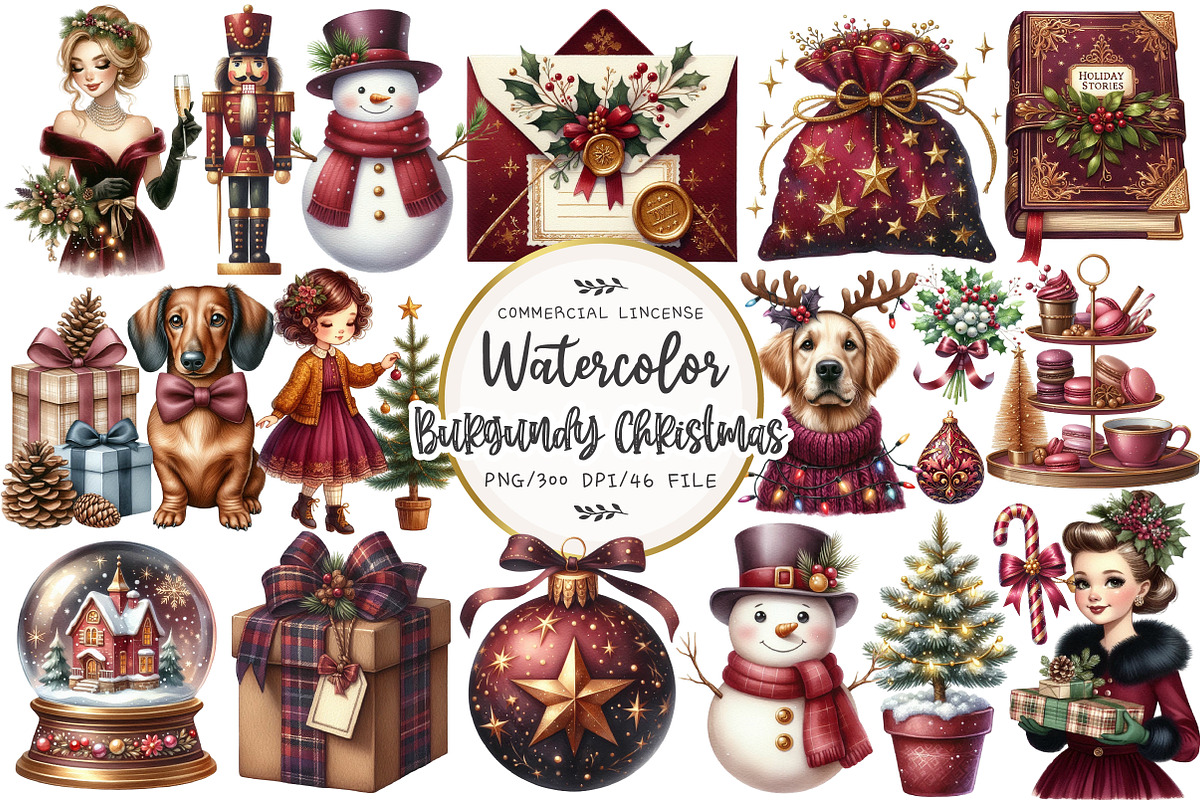 Elegant Burgundy Christmas Clipart, an Illustration by OK Design (Photo 1 of 5)