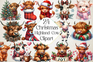 Cute Christmas Highland Cow Clipart, an Illustration by DreamPrint404