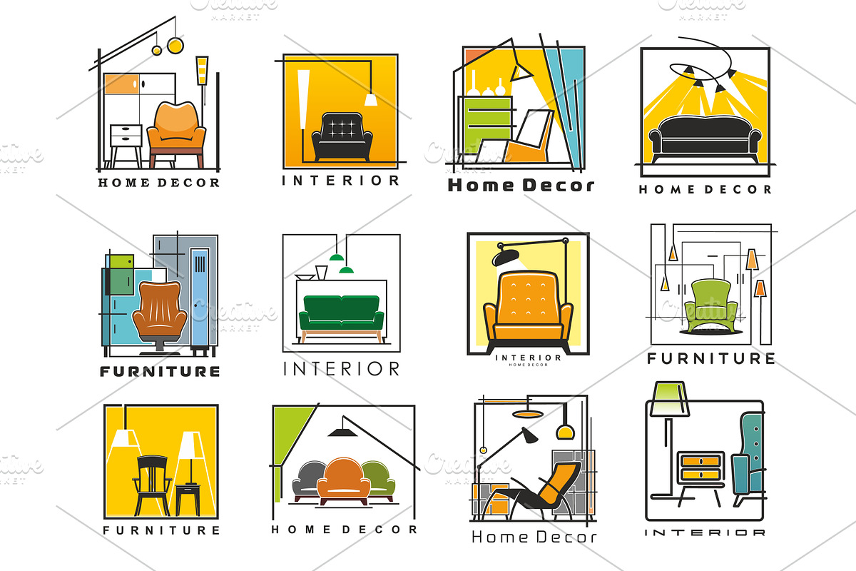 Home interior decor room icons, an Object Illustration by Vector Tradition
