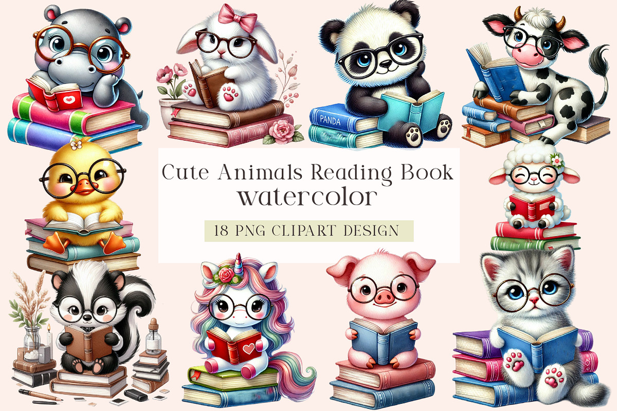 Cute Animals Reading Book Clipart PN, an Illustration by DreamArtGraphic (Photo 1 of 4)