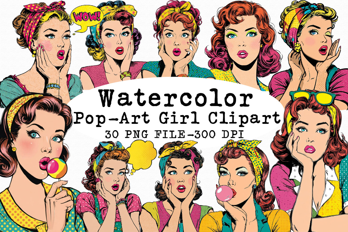 Watercolor Pop-Art Girl Clipart, an Illustration by Libby Wishes (Photo 1 of 7)