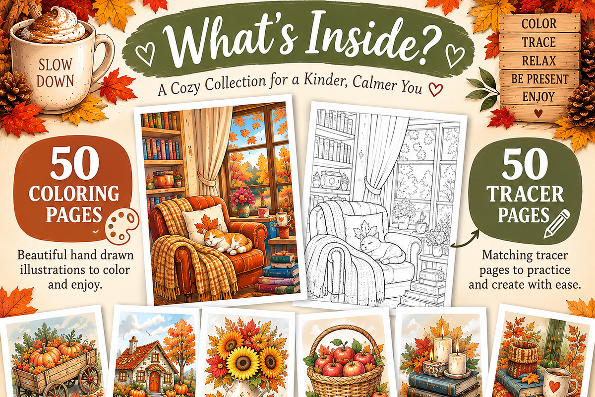 Cozy Autumn Adult Coloring Pages, a Seasonal Illustration by Daffodil Dream Studio (Photo 2 of 3)