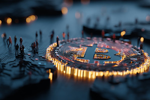 Glowing bitcoin on a circuit board with miniature people representing cryptocur, a Photo by AS photostudio