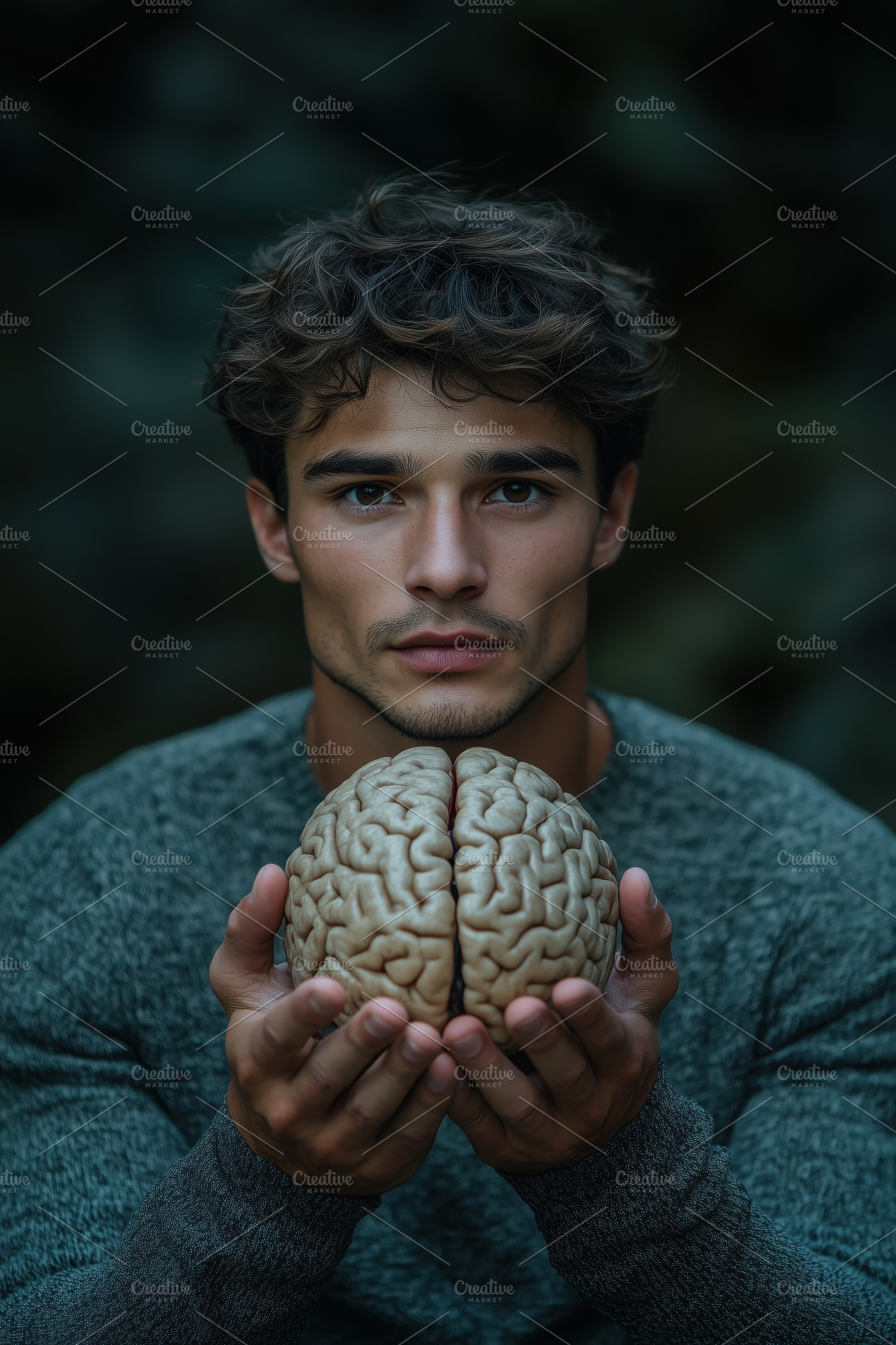 A young cognitive psychologist man with curly hair holds a realistic model of a, a Person Photo by Textures & Backgrounds