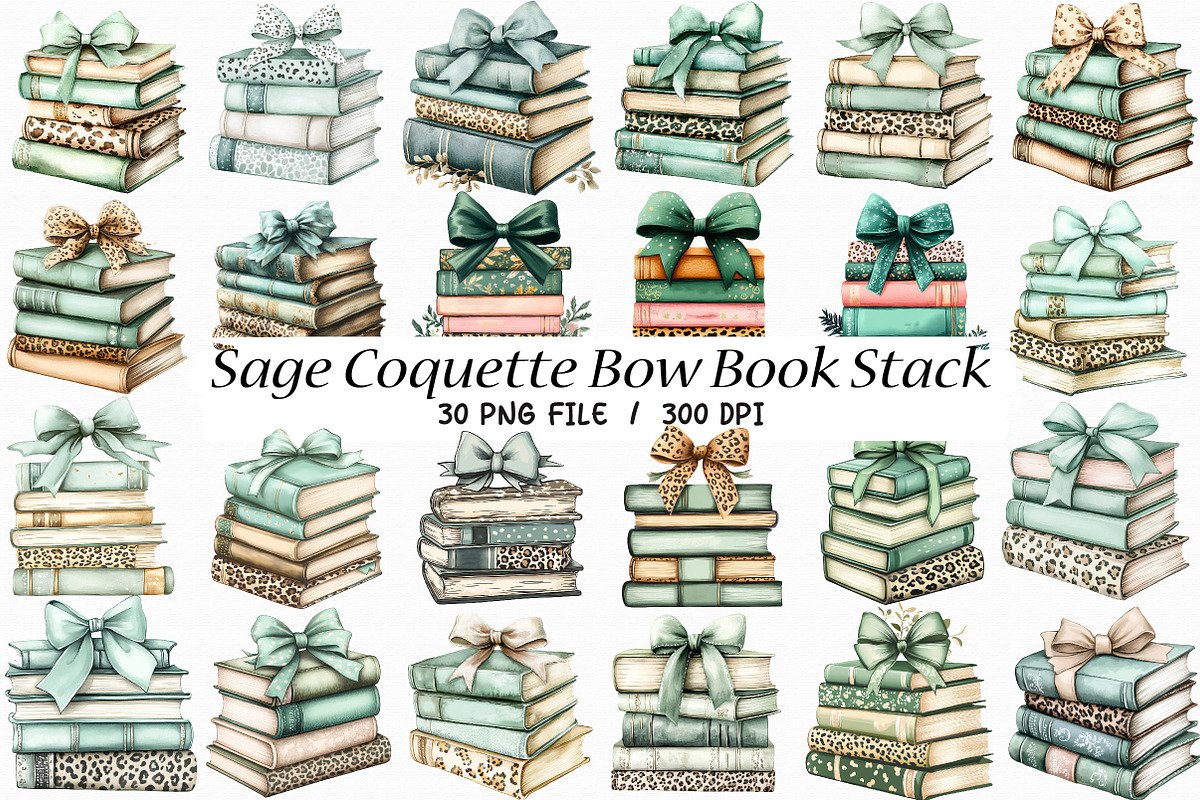 Sage Coquette Bow Book Stack PNG, an Illustration by Libby Wishes (Photo 1 of 6)