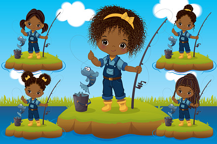 Vector African American Girl Fishing