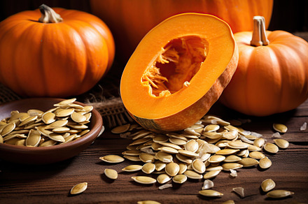 Orange pumpkins with seeds on brown wooden background, a Photo by AlyaAnd
