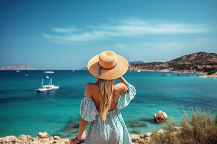 Woman in summer hat looking at the sea. Happy freedom lifestyle. Generative AI, a Person Photo by AlyaAnd