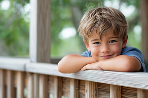Smiling boy with blond hair leaning, a Person Photo by MistyDay