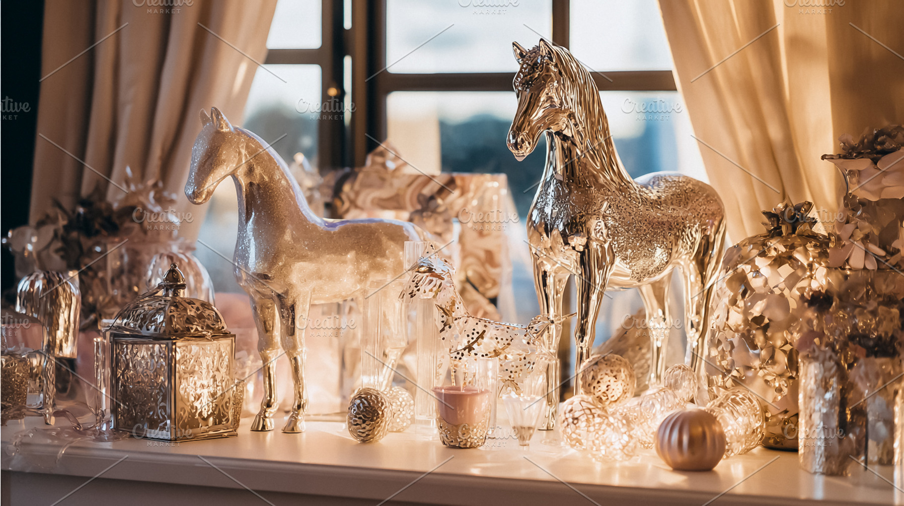 Silver horse figurines and decorative objects creating an elegan, a Photo by Studio ANNA