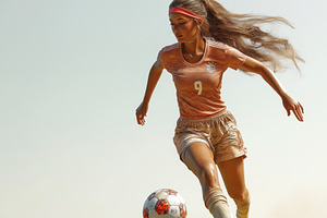 Young athlete dribbles soccer ball o, a Photo by Tanuart