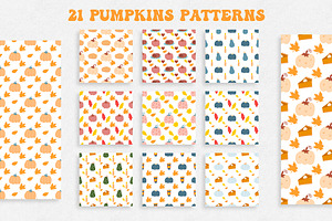 Cute Pumpkins Vector Patterns Autumn