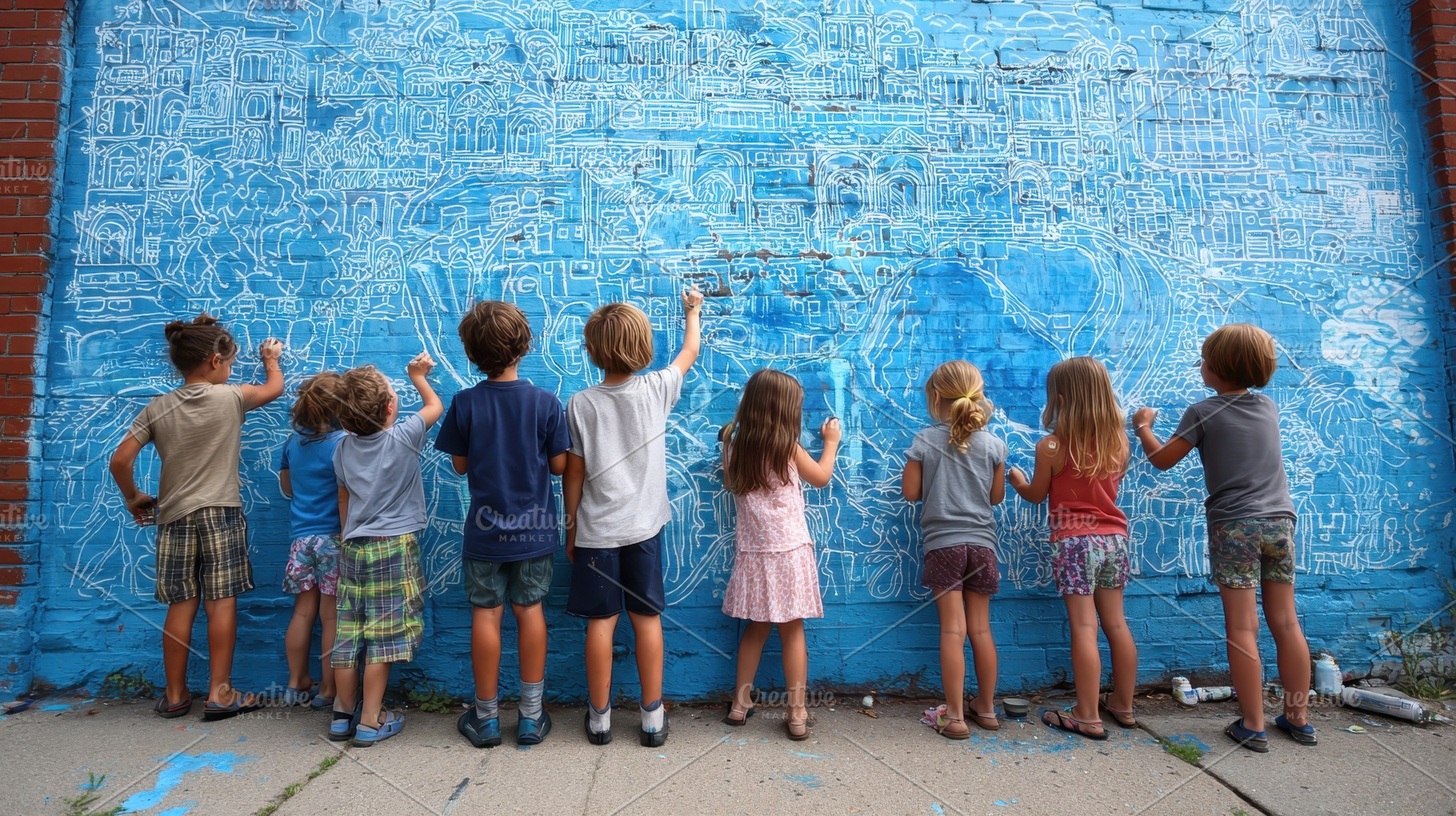 Children create a colorful mural, a Photo by Pavel_design