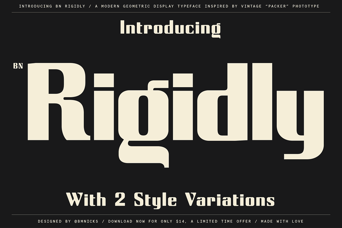Rigidly - Thoughtfully Geometric, a Sans Serif Font by Bnick (Photo 1 of 13)