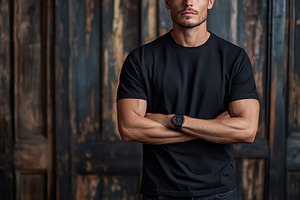 Man in black t-shirt stands confiden, a Photo by Tanuart