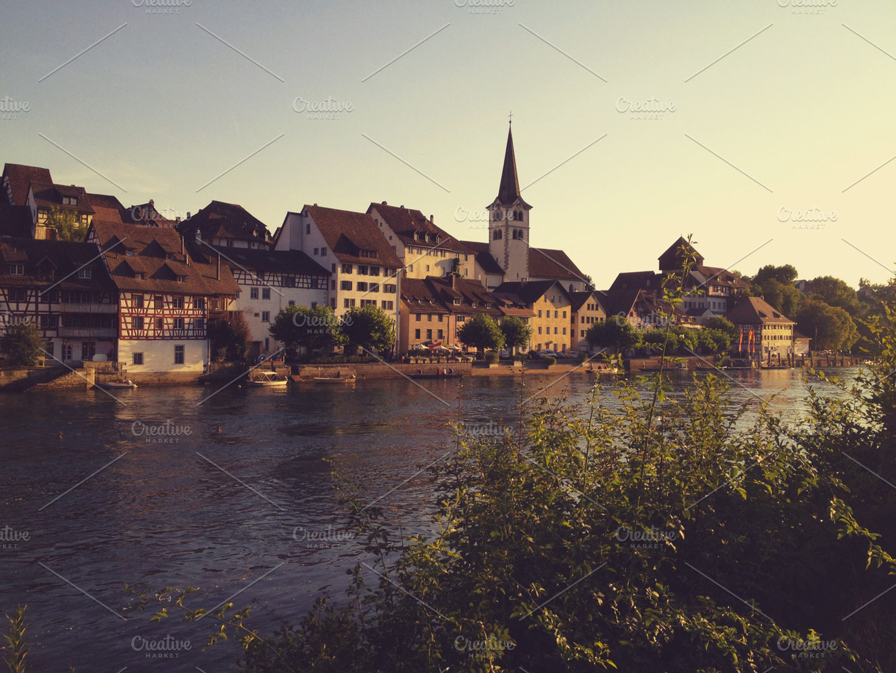 Medieval town bridge and river stock photo containing town and medieval