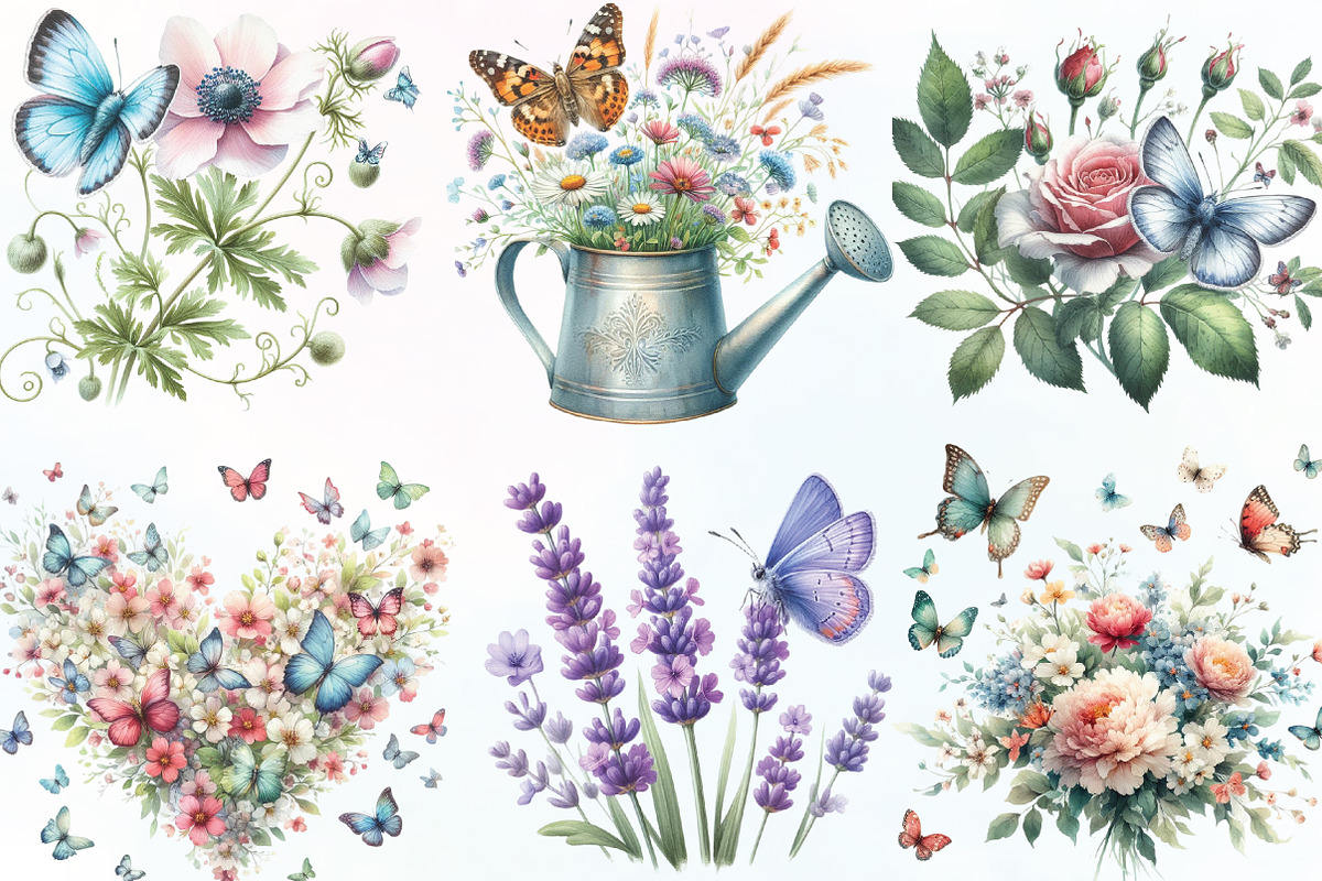 Watercolor Butterflies Flowers, an Illustration by CraftArtStudio (Photo 2 of 6)