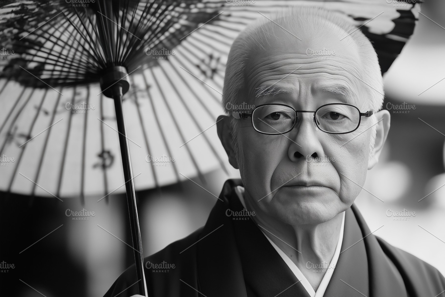 Japanologist. A solemn elderly man holding a traditional Japanese umbrella, dre, a Person Photo by Textures & Backgrounds