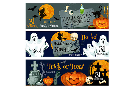 Halloween holiday spooky ghost and pumpkin banner, an Illustration by Vector Tradition
