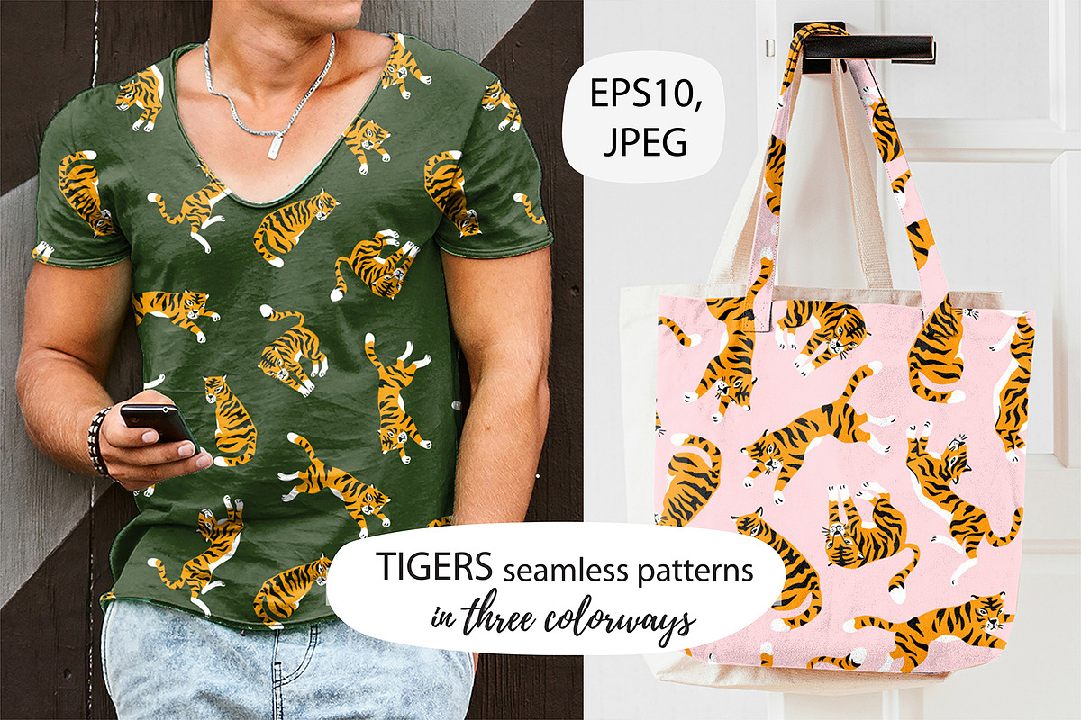 Tiger vector seamless patterns, a Pattern Graphic by Alenkakarabanova (Photo 1 of 5)