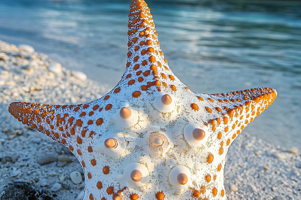 Brightly colored starfish resting on sandy beach near calm water on a sunny day, an Animal Photo by AlyaAnd