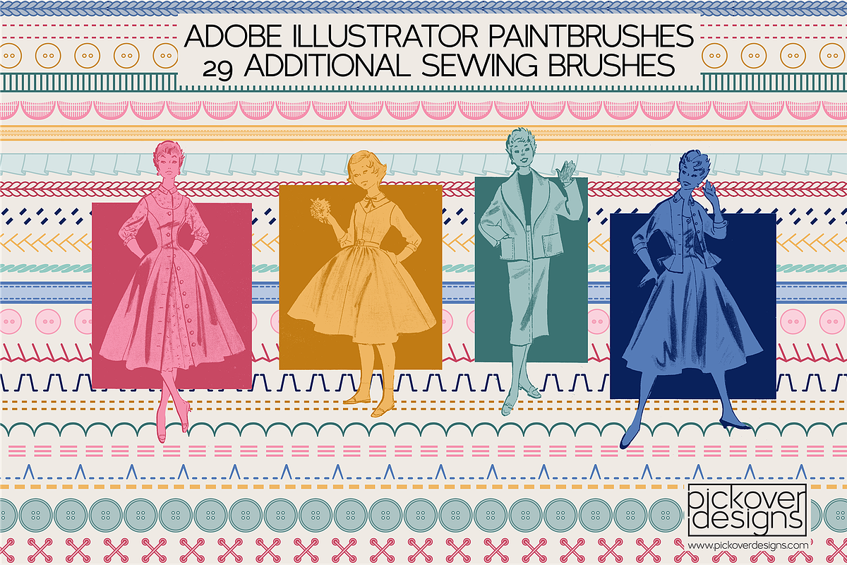 29 Add. Sewing Brushes-Illustrator, a Brush Add-On by Pickover Designs (Photo 1 of 3)