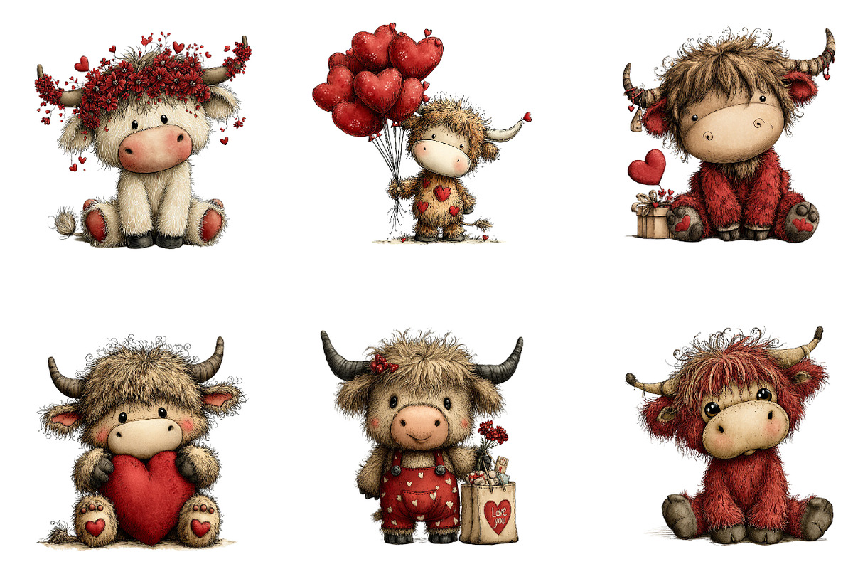 Valentines Highland Cow Clipart, an Illustration by Dream Creation (Photo 7 of 7)