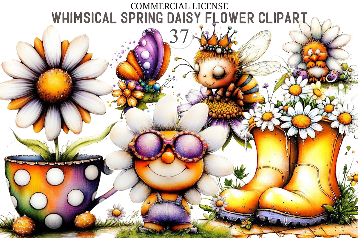 Whimsical Spring Daisy Flower Clipar, an Illustration by designcity5 (Photo 1 of 5)
