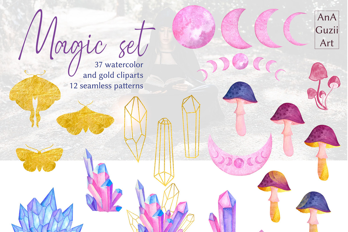 Magic crystals, moon and mushrooms., an Illustration by AnaGuziiArt (Photo 2 of 9)