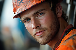 A close-up portrait of a well testing operator young man wearing an orange hard, a Person Photo by Textures & Backgrounds