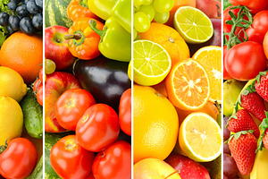 Background of fruits and vegetables separated vertical lines., a Food & Drink Photo by Serg64